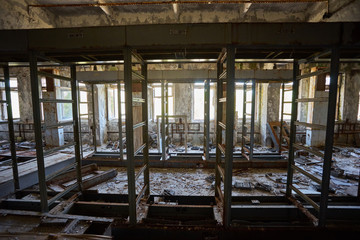 Destroyed command post of the secret military facility of the USSR's airborne radar system. Chernobyl nuclear power plant, ransacked military command post.