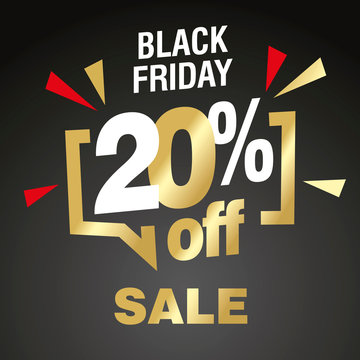 Black Friday 20 percent off sale modern gold black color sticker icon banner