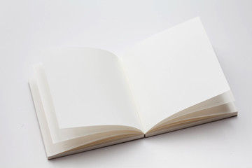 Opened book with blank pages on a white background