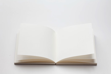 Opened book with blank pages on a white background