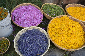 Cestos de flores y pétalos en México para tapetes florales