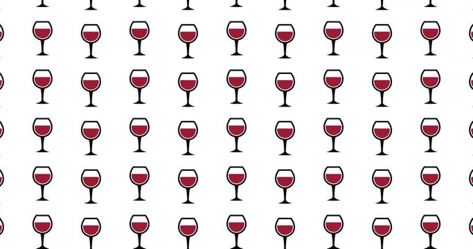 Illustrated red wine glass background video clip motion backdrop video in a seamless repeating loop. Red wine glasses pattern color icon white background high definition video