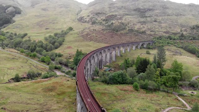 Glenfinnan Viaduct, aerial view by drone - Scotland, UK