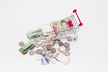  Shopping trolley bring money coins and korean bills