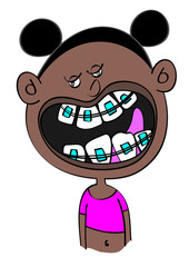 funny black girl with dental braces cartoon vector illustration