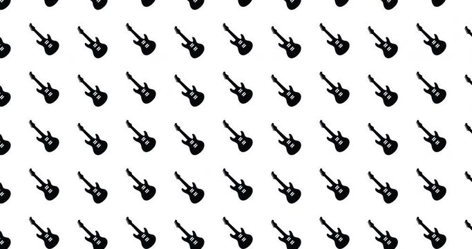 Electric guitar icons background clip motion backdrop video in a seamless repeating loop.  Black & white guitar icon rock music themed icon pattern background high definition motion video clip