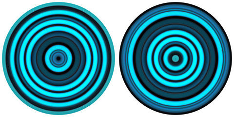 Set of 2 bright abstract colorful neon blue circles isolated on white background. Circular lines , radial striped texture. Round pattern.