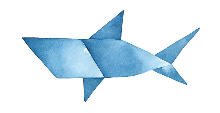 Navy Blue Origami Shark watercolour illustration. Sign of authority, leadership and protection. Hand drawn water color graphic painting on white background, isolated clip art element for design.