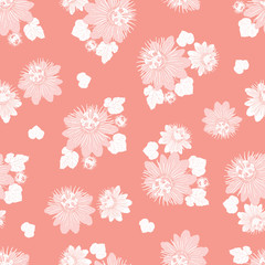 Vector coral pink seamless pattern with leaves and wild flower. Suitable for textile, gift wrap and wallpaper.