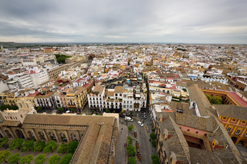 Fototapeta premium View north to Metropol Parasol from Seville Cathedral Giralda with roof of Archbishops palace and orange courtyard