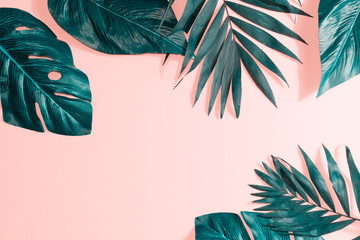 summer background concept with green leaf of oleander tropical flower arrange on pastel pink background