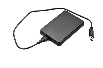External hard drive for storing and transferring various files on a white background
