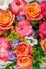 Bouquet of fresh pink peonies and roses. Card Concept, pastel colors, close up image