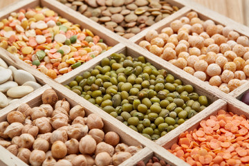 Background of different dry legumes (beans).