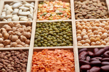 Background of different dry legumes (beans).