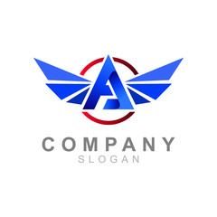 Obraz premium logo letter A with a display inside the circle and there are wings, company icon, airplane symbol