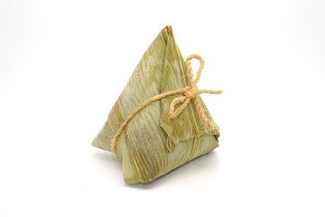 Sticky rice dumpling or Zongzi (Pyramid-shaped dumpling made by wrapping glutinious rice in bamboo leaves) for Chinese Boat dragon festival (5th Lunar month, Duanwu festival). Isolated on white