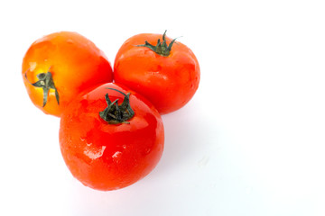 Close up red tomatoes isolated on white background.Tomatoes are vegetables that contain vitamin C and A. And also have anti-oxidants such as lycopene Beta-carotene and phosphorus as well.