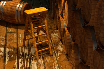 Fototapeta na wymiar Wooden cellar with barrels inside, vintage beverage warehouse, 3d rendering.