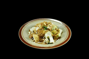 Gado-Gado Indonesian food. A mixture of tofu, rice cake, salad and spicy peanut sauce.