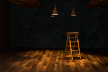 Wooden cellar with ladder and ceiling lamp inside, vintage warehouse, 3d rendering.