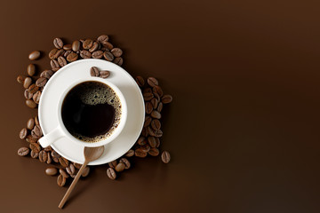 Coffee cup with beans on dark brown background. 3d rendering 
