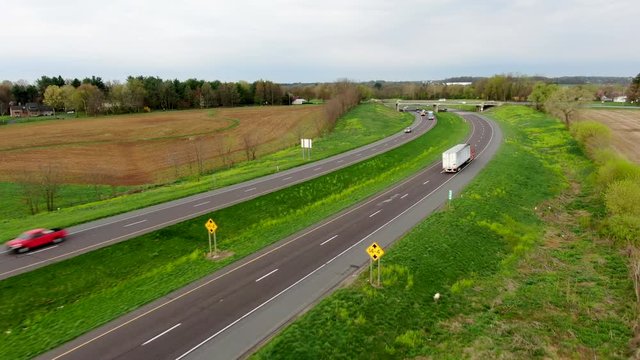 Aerial view of bend with bridge on a major American highway, construction and transportation concept, Pennsylvania state highway 222