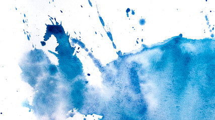 Abstract watercolor painting. Textured background. Drips of blue paint on canvas.