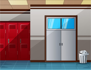 Empty school lobby corridor interior with row of red lockers horizontal