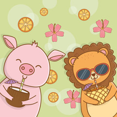 Pig and lion cartoon in summer season design