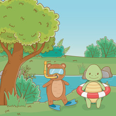 Turtle and bear in forest design vector illustration