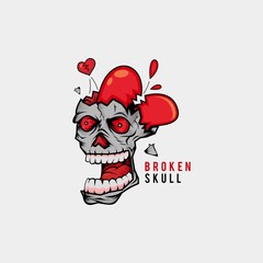 broken skull logo, skull think of broken love logo vector icon ilustration