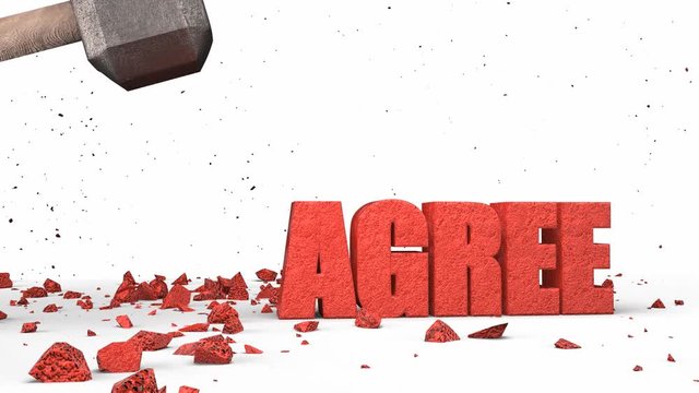 Sledgehammer smashing red DISAGREE concrete word cracked on white background, 3D illustration, animation. Concept of eliminating disagreement and breaking impossible.