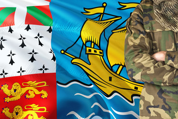 Crossed arms soldier with national waving flag on background - Saint Pierre And Miquelon Military theme.