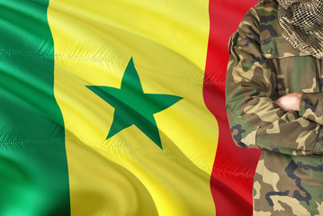 Crossed arms Senegalese soldier with national waving flag on background - Senegal Military theme.