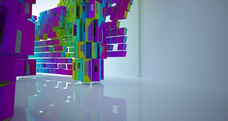 Abstract white and colored gradient parametric  interior  with window. 3D illustration and rendering.