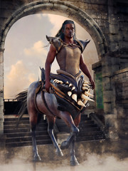 Fantasy centaur warrior holding two swords and standing in front of a stone gate. 3D render. The model in the image is a 3D object. - obrazy, fototapety, plakaty