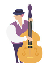 Contrabassist player vector colorful illustration. Contrabassist player characters cartoon flat style. Isolated on white background