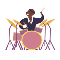 Drum player vector colorful illustration. Drum player characters cartoon flat style. Isolated on white background