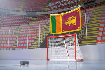 Flag of Sri Lanka in hockey arena with puck and net