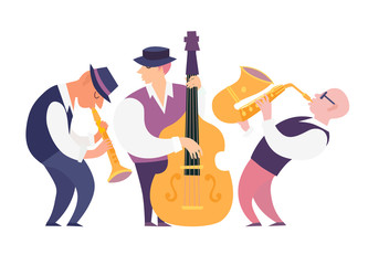 Cartoon jazz musicians group vector illustration: contrabassist, saxophone and clarinet. People characters playing on musical instruments. Isolated on white background
