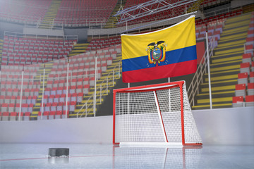 Flag of Ecuador in hockey arena with puck and net