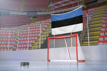 Flag of Estonia in hockey arena with puck and net