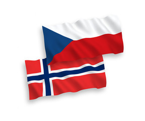 National vector fabric wave flags of Norway and Czech Republic isolated on white background. 1 to 2 proportion.