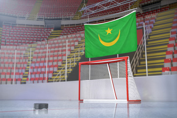 Flag of Mauritania in hockey arena with puck and net