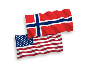 National vector fabric wave flags of Norway and America isolated on white background. 1 to 2 proportion.