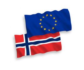 National vector fabric wave flags of Norway and European Union isolated on white background. 1 to 2 proportion.