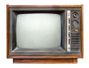 Vintage tv - antique wooden box television isolated on white with clipping path for object. retro technology