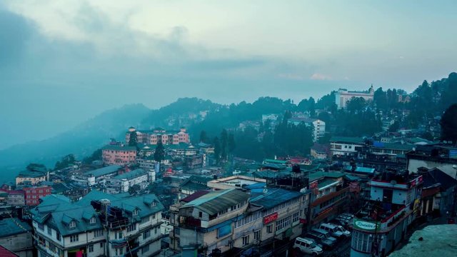 TL N2D Darjeeling city view from high angle shot, West Bengal, India, tilt down., Tilt down.