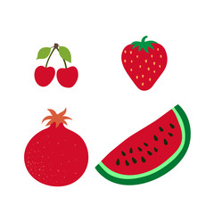 Cherry, garnet, watermelon, merry and strawberry. Red berries and fruits. Hand drawn doodle vector sketch. Sweet food menu